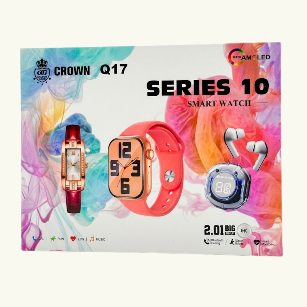 Crown Q17 Series 10 smart watch packaging with colorful design