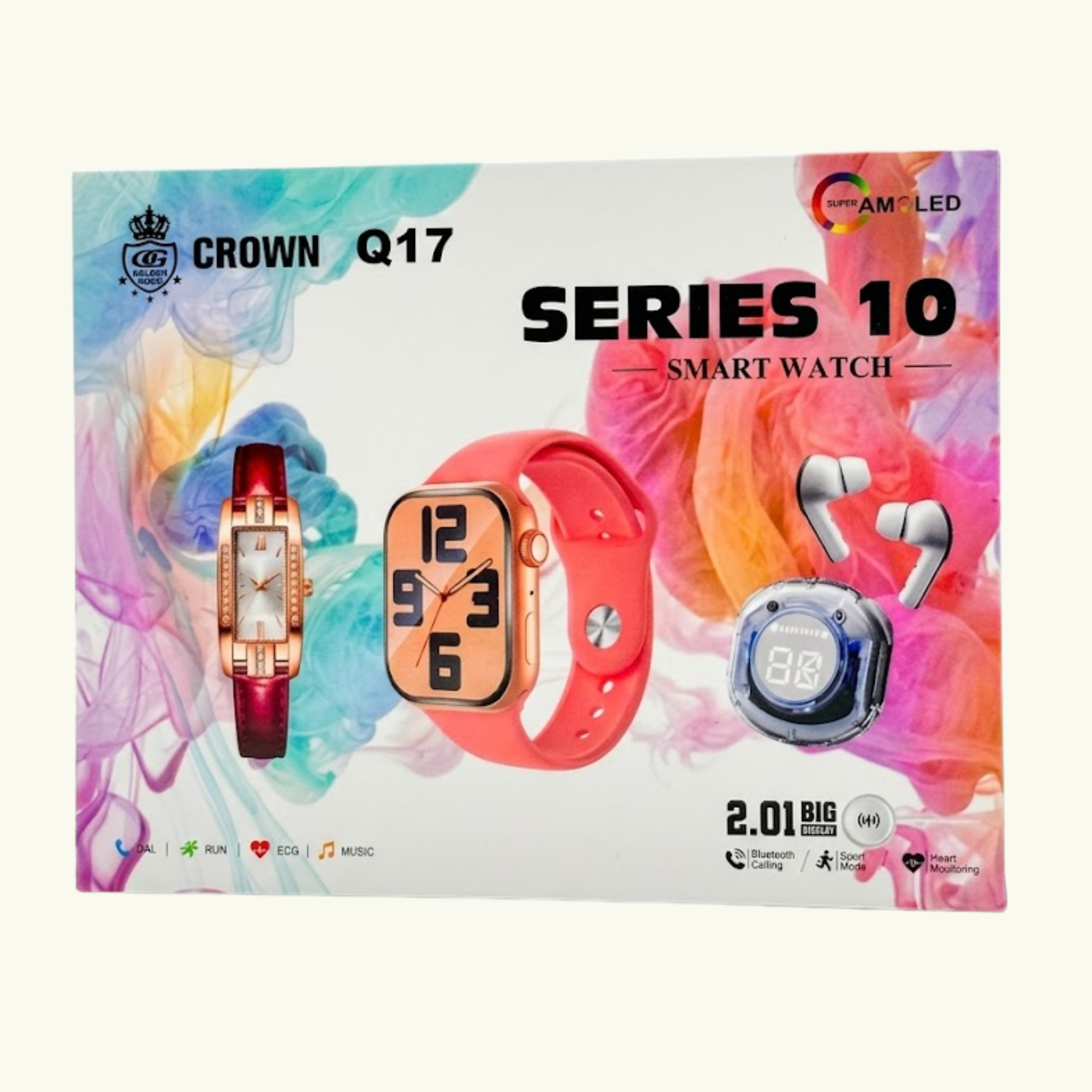 Crown Q17 Series 10 smart watch packaging with colorful design